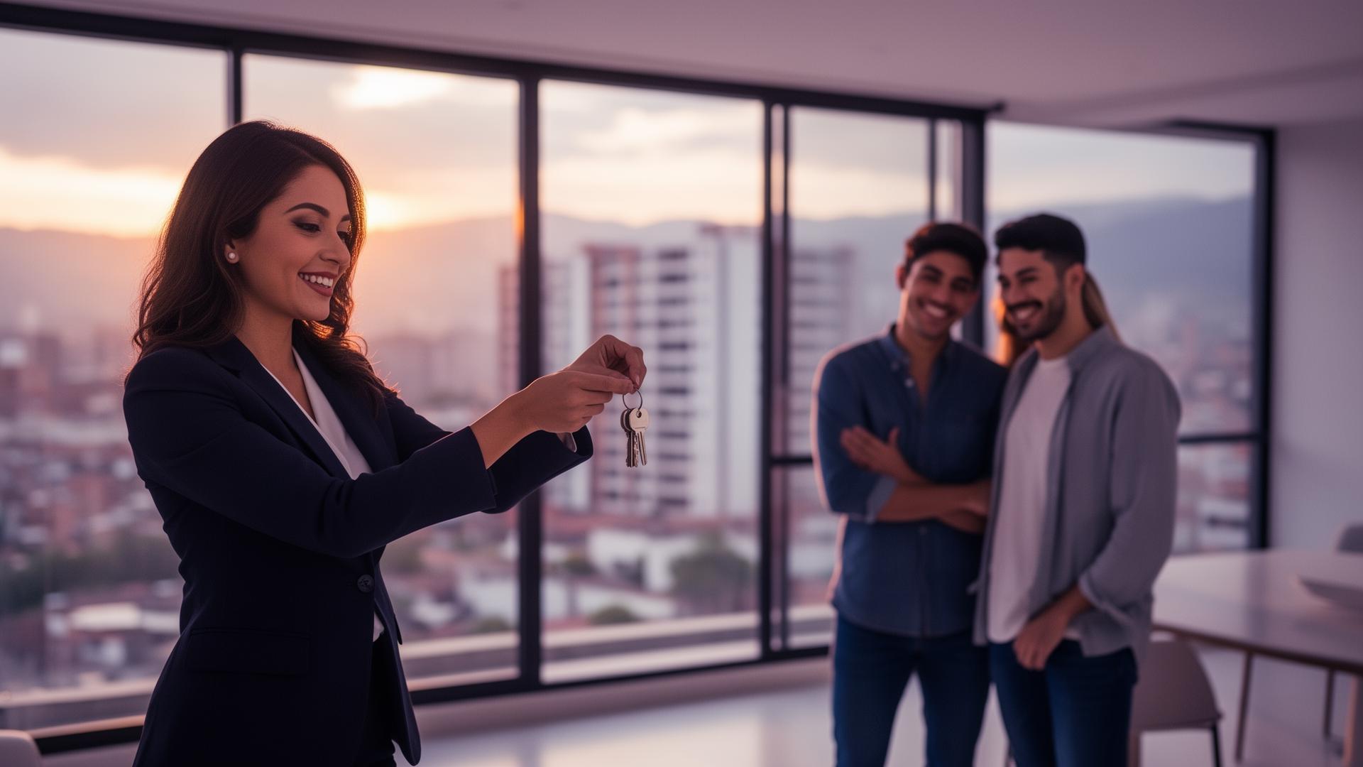 Asesora inmobiliaria entregando llaves a una pareja en Bucaramanga